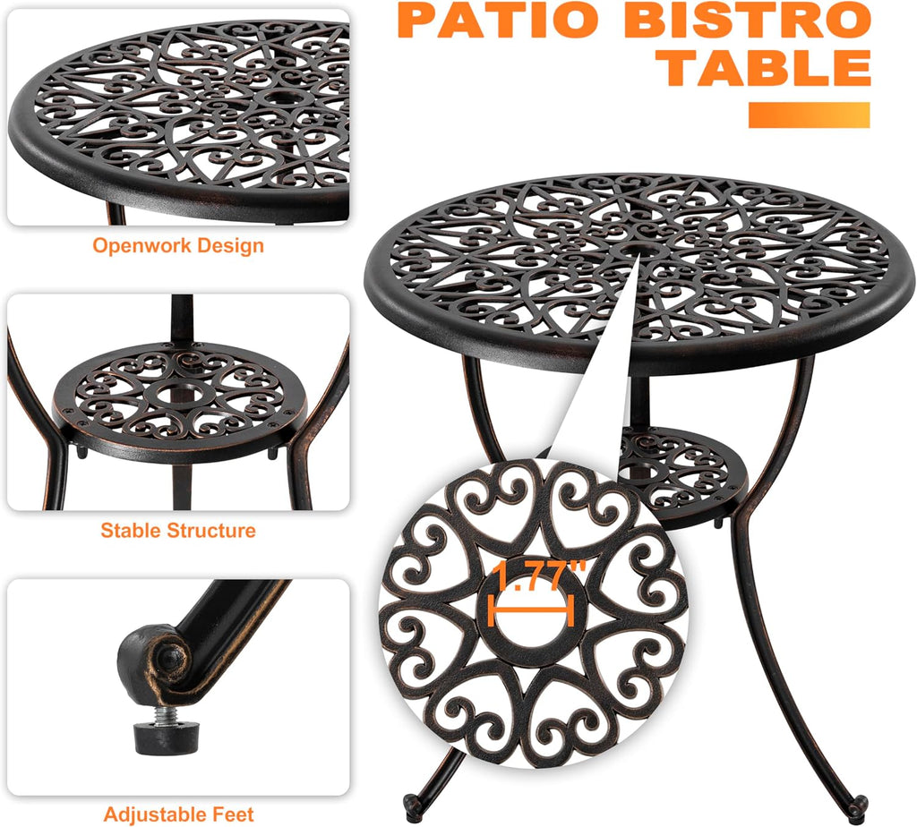 NUU GARDEN 3-Piece Outdoor Bistro Set with Cushions, Round 24 Inch Cast Aluminum Round Table with 1.77' Umbrella Hole and 2 Cast Aluminum Armchairs with Cushions, Black with Gold-Painted Edge