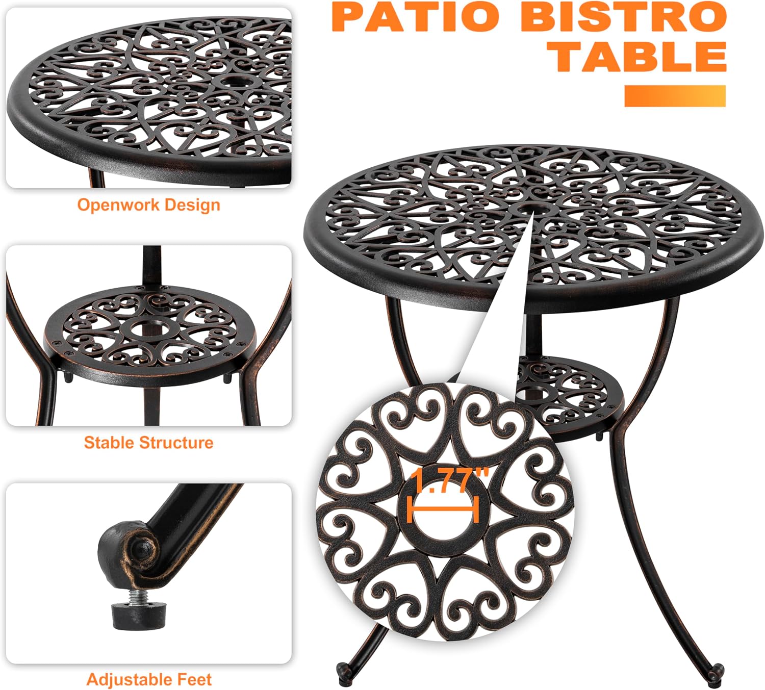 NUU GARDEN Bistro Set 3 Piece Outdoor All Weather Cast Aluminum Patio Bistro Set Patio Table and Chairs Set of 2 with Umbrella Hole and Grey Cushions for Backyard, Balcony, Lawn, Black