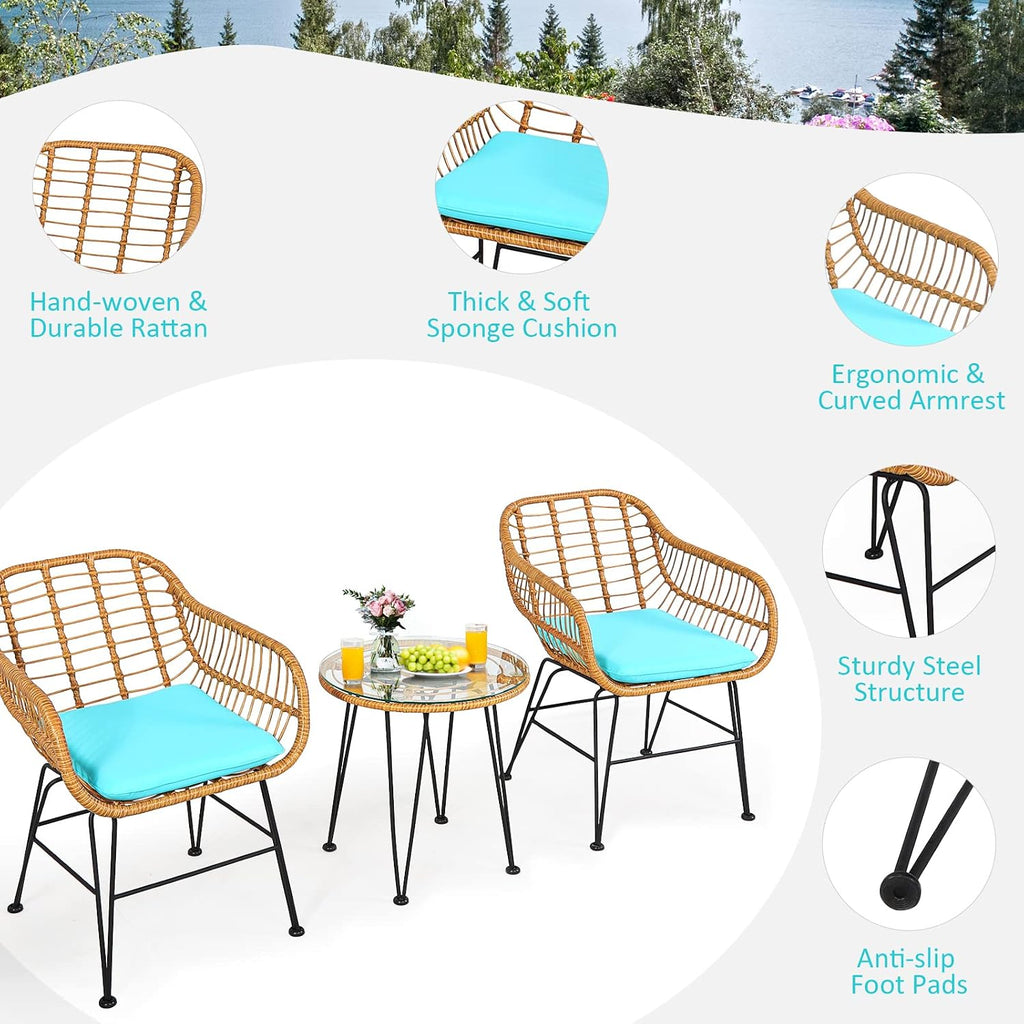 Tangkula 3 Pieces Patio Bistro Set, Rattan Conversation Set with 2 Cushioned Armchairs & Round Glass Coffee Table, Indoor Outdoor Wicker Furniture Set for Balcony, Backyard, Garden, Poolside