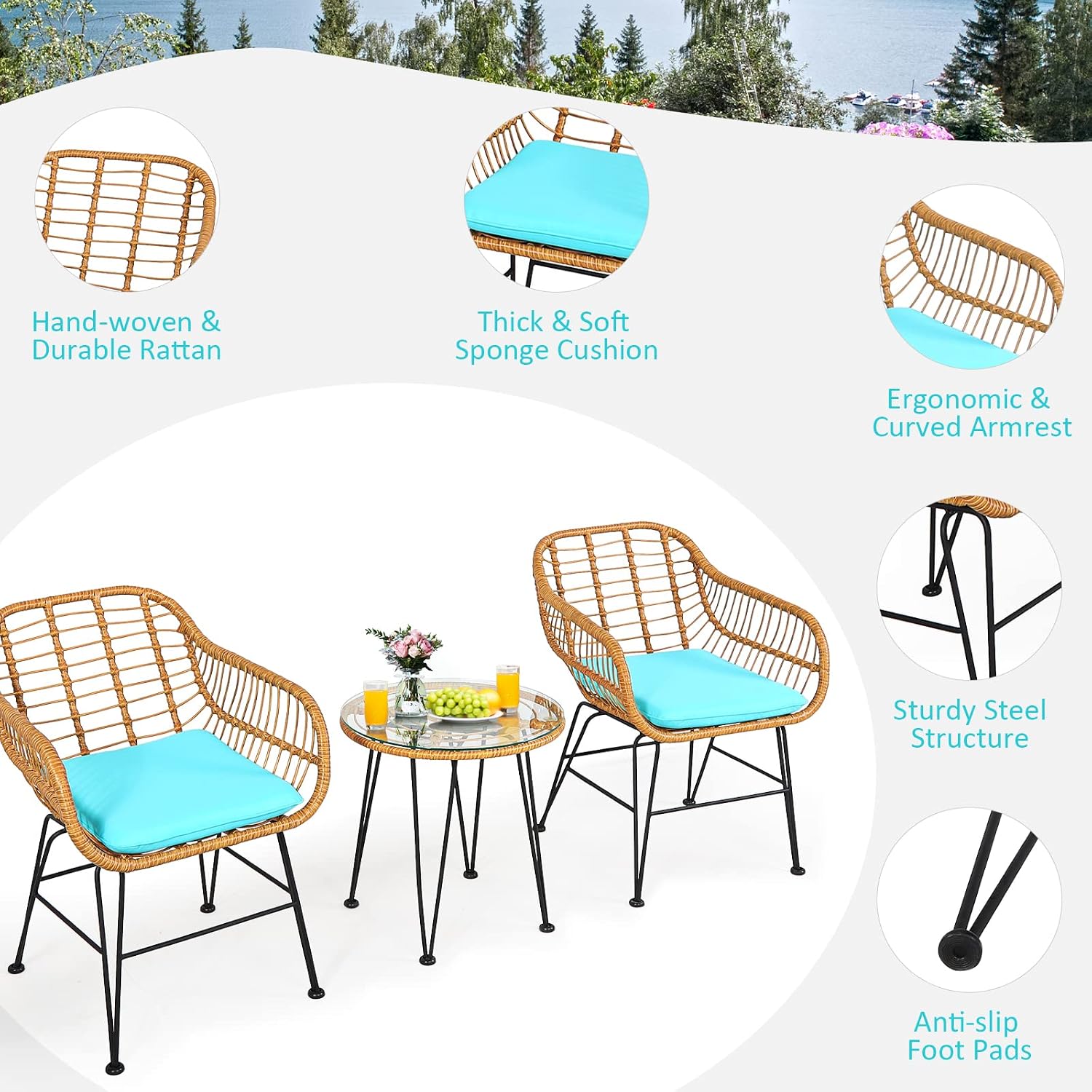 Tangkula 3 Pieces Patio Bistro Set, Rattan Conversation Set with 2 Cushioned Armchairs & Round Glass Coffee Table, Indoor Outdoor Wicker Furniture Set for Balcony, Backyard, Garden, Poolside