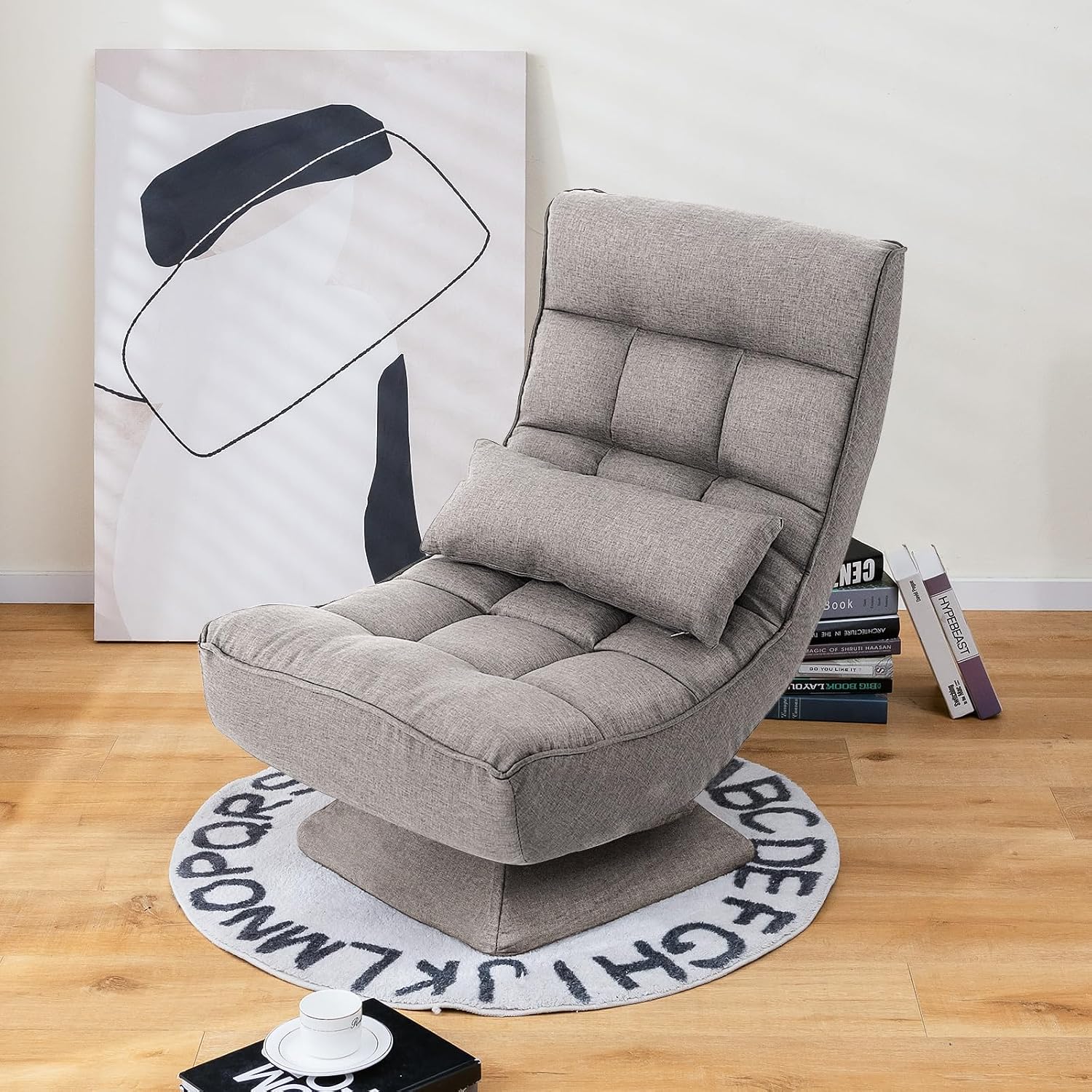 Giantex Adjustable Swivel Floor Chair - 5 Position Video Game Chair with Swivel Base, Steel Frame, Massage Lumbar Pillow, Foldable Lazy Sofa Lounger for Adults Teens, Meditating, No Assembly (Gray)