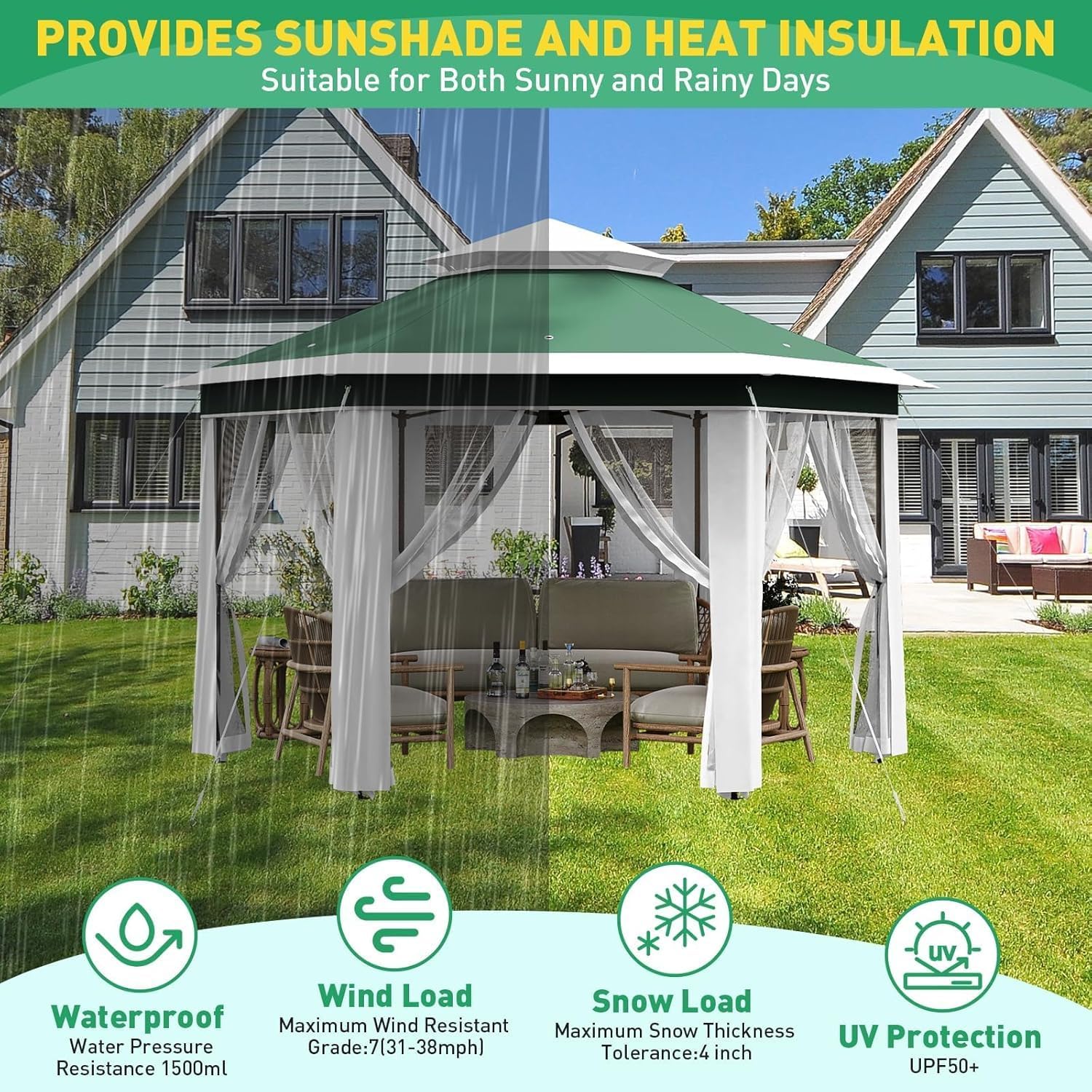 13x13ft Pop Up Gazebo, Outdoor Gazebo with 6 Pieces of Mesh Cloth, Zipper Door & Double Roof, Adjustable Tent Pavilion, UV-Resistant Outdoor Party Tent for Patio, Backyard, Garden (Green with Beige)