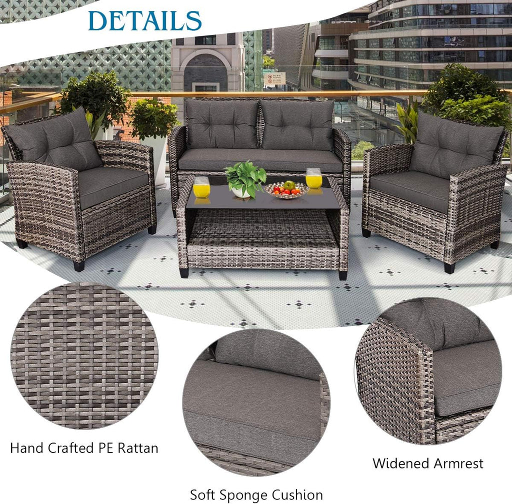 Tangkula 4 PCS Patio Wicker Conversation Furniture Set, Outdoor Rattan Sofa Set with Padded Cushion & Tempered Glass Coffee Table, Wicker Sectional Sofas & Table for Courtyard Balcony Garden (1, Grey)