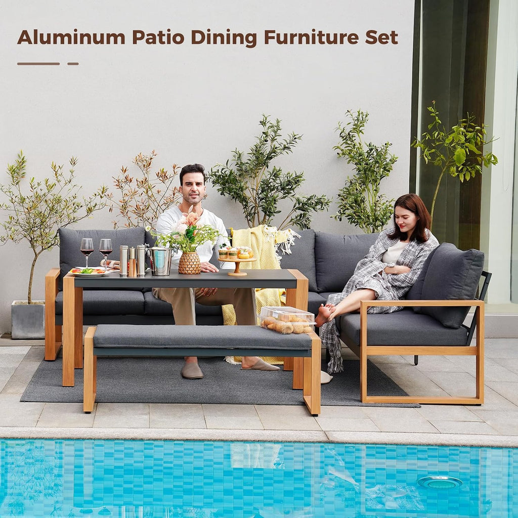 Grand patio Aluminum Patio Furniture Set, L Shaped Outdoor Sectional Sofa with Dining Table and Bench, Modern Outdoor Conversation Couch with Chaise, Faux Wood Grain Finish