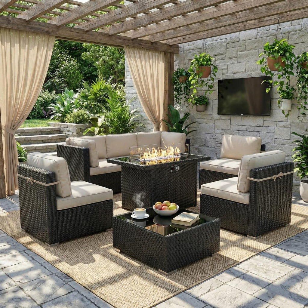 LayinSun 8 Piece Patio Furniture Set with 44' Propane Gas Fire Pit Table, Outdoor Sectional Conversation Set Wicker Rattan Sofa Set with Coffee Table