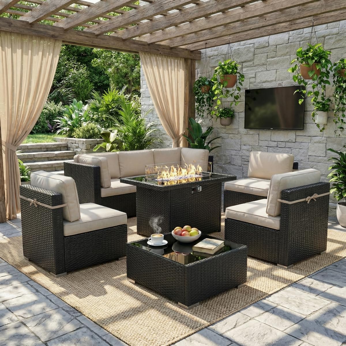 LayinSun 8 Piece Patio Furniture Set with 44' Propane Gas Fire Pit Table, Outdoor Sectional Conversation Set Wicker Rattan Sofa Set with Coffee Table