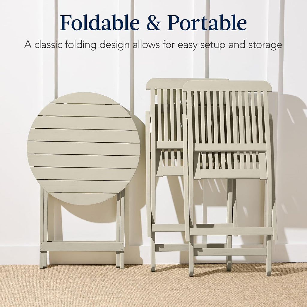 Best Choice Products 3-Piece Acacia Wood Bistro Set, Folding Patio Furniture for Backyard, Balcony, Deck w/ 2 Chairs, Round Coffee Table, Teak Finish - Cream