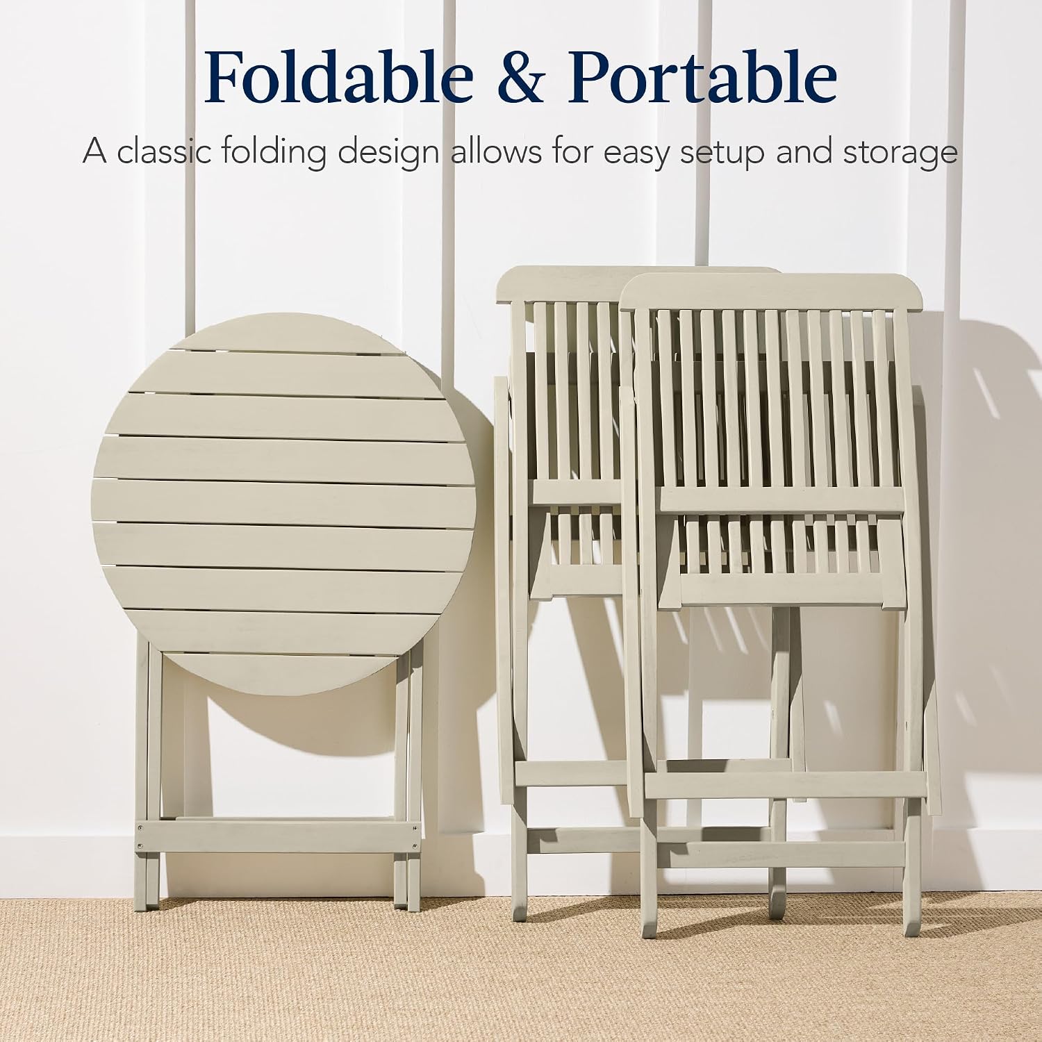 Best Choice Products 3-Piece Acacia Wood Bistro Set, Folding Patio Furniture for Backyard, Balcony, Deck w/ 2 Chairs, Round Coffee Table, Teak Finish - Cream