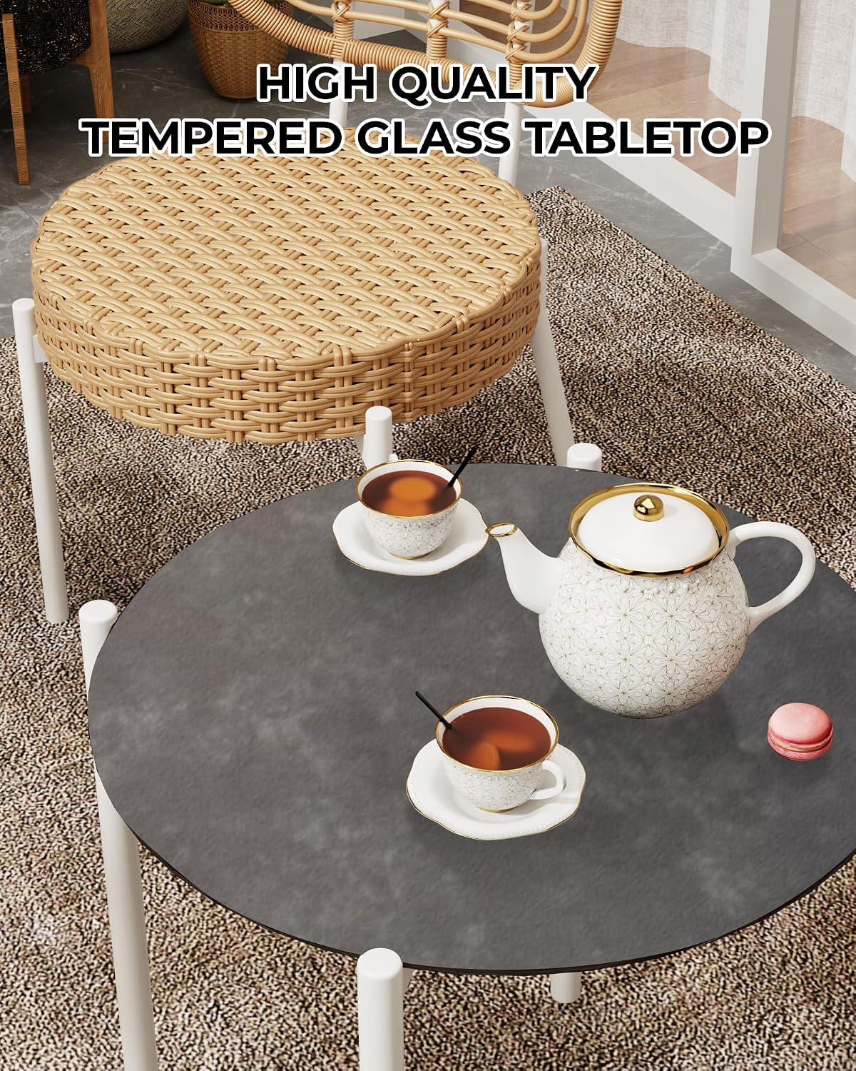 3 Piece Wicker Patio Bistro Furniture Set, Outdoor Dining Chairs, Includes 2 Rattan Chairs and Tempered Glass Table, for Garden, Backyard, Balcony, Apartment, White & Brown