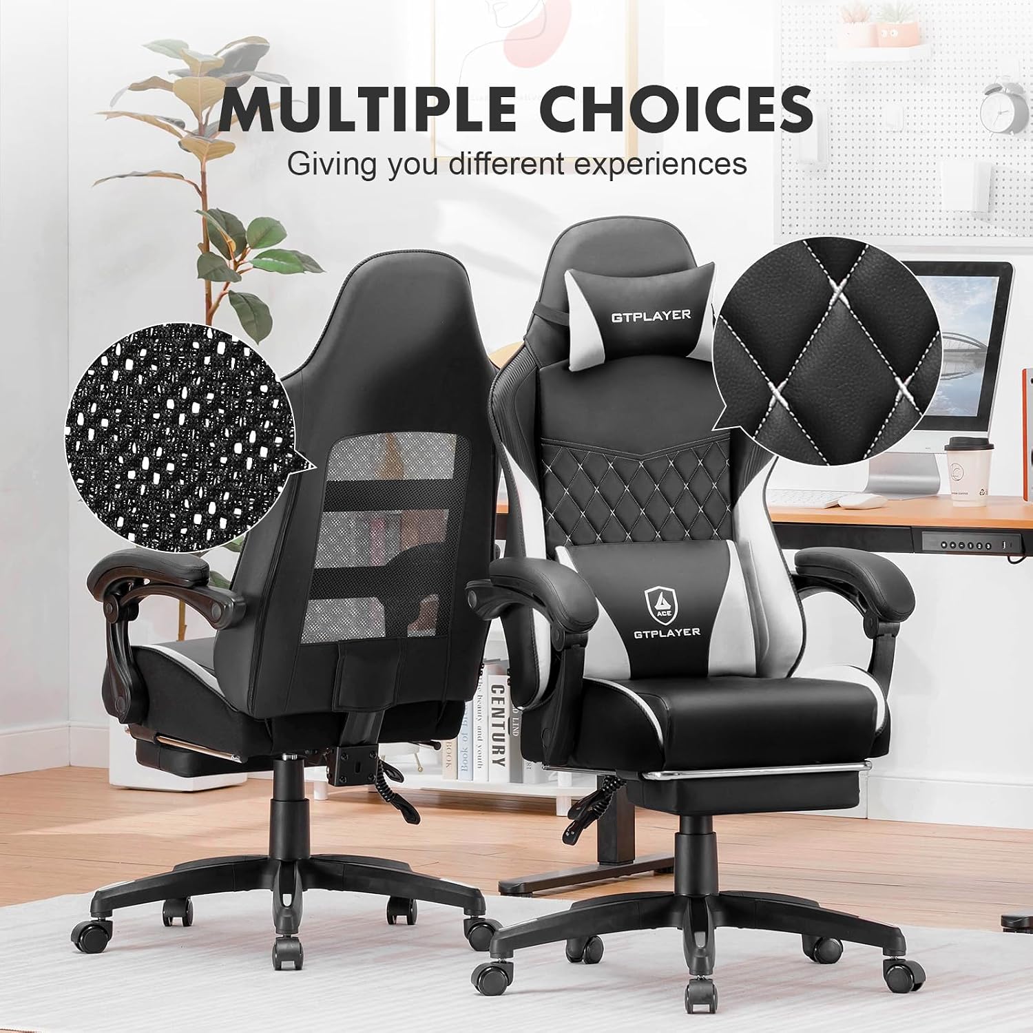 GTPLAYER Gaming Chair, High Back Leather Computer Gaming Chair with Footrest, Ergonomic Height Adjustable Office Chair with Removable Cover and Lumbar Support for Gaming and Work (White)