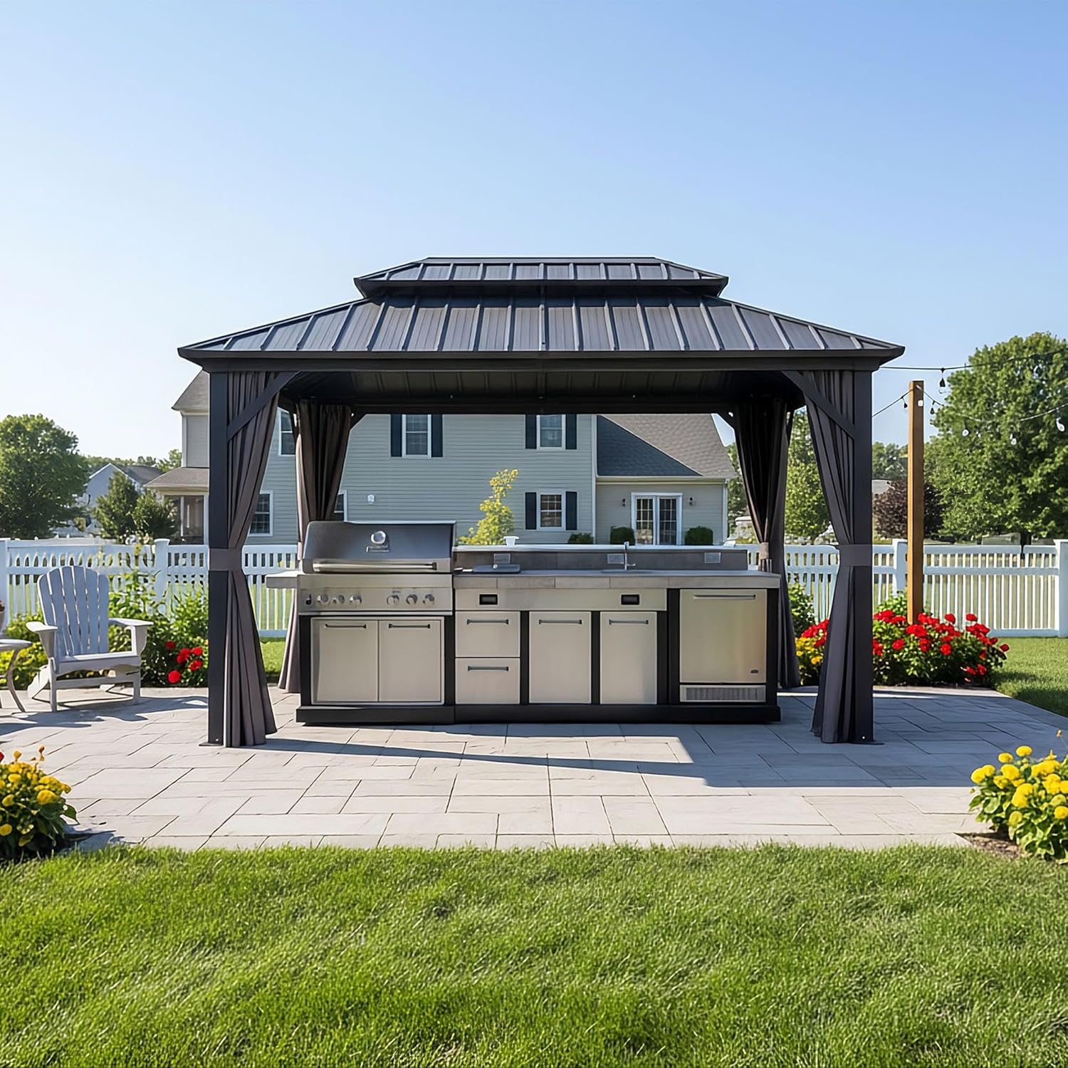 PURPLE LEAF 8' X 12' Permanent Hardtop Aluminum Gazebo with Double Galvanized Steel Roof Removable Netting Curtains and Ceiling Hooks for Patio Lawn Backyard Deck Garden Grey