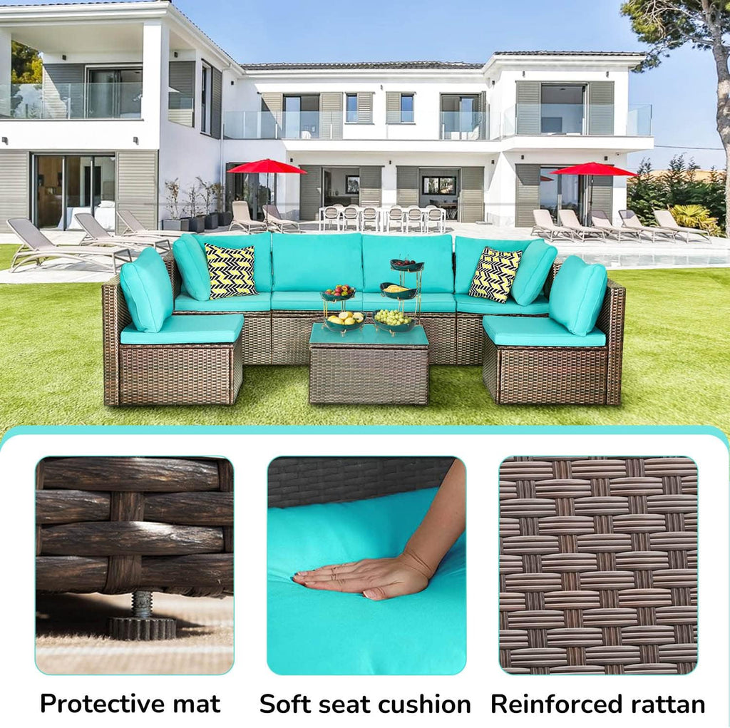 PayLessHere Patio Furniture Set 7 Pieces Outdoor Furniture Wicker Conversation Set Sectional Sofa and Coffee Table Wicker Patio Conversation Sets for Backyard Porch Balcony Poolside,Blue Cushion
