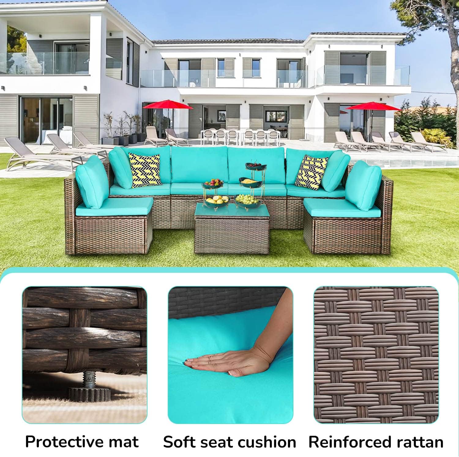 PayLessHere Patio Furniture Set 7 Pieces Outdoor Furniture Wicker Conversation Set Sectional Sofa and Coffee Table Wicker Patio Conversation Sets for Backyard Porch Balcony Poolside,Blue Cushion