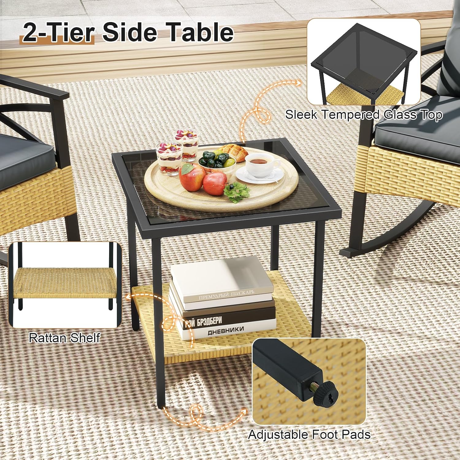 Tangkula 3 Pieces Outdoor Rocking Chairs Set, Rattan Heavy Duty Cushioned Rocker Chairs with 2-Tier Tempered Glass Coffee Table, for Garden, Balcony, Backyard (Yellow+Gray)