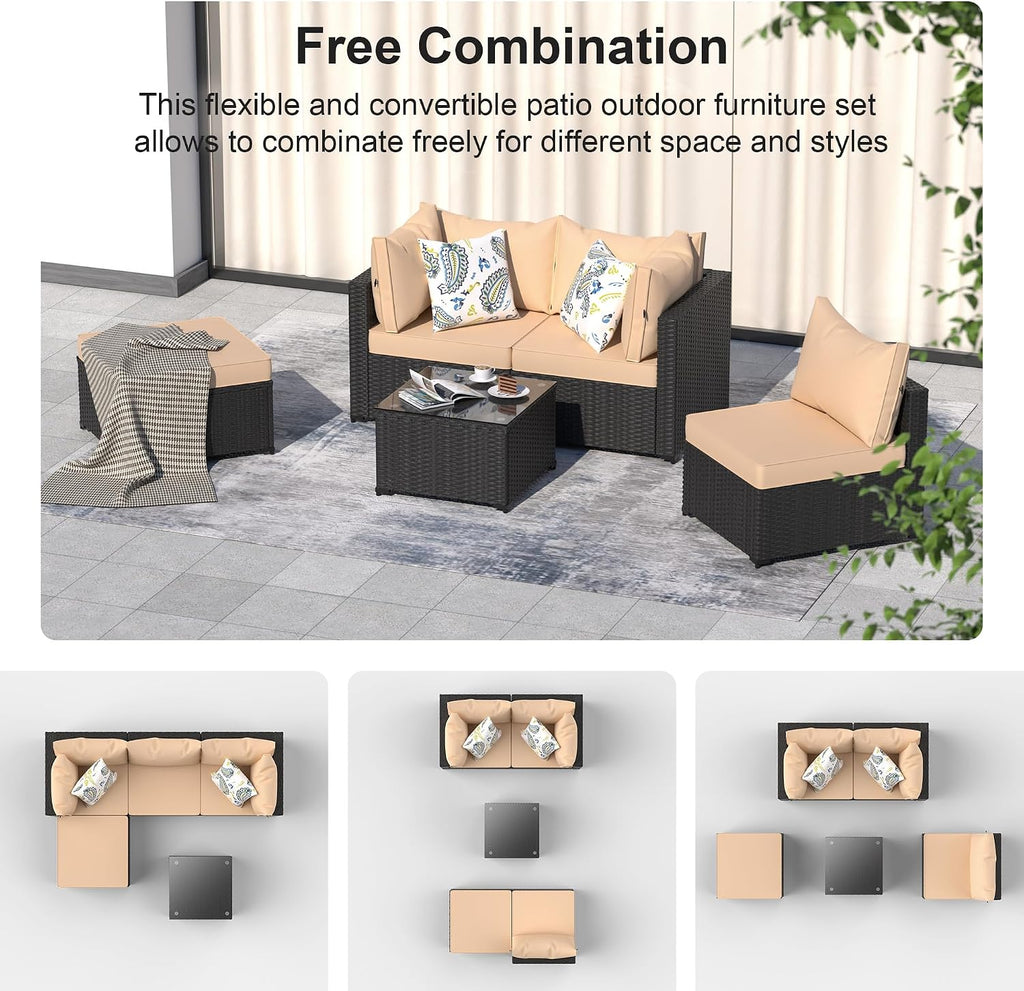 GOJOOASIS Patio Furniture Set Outdoor Sectional Sofa with Ottoman Wicker Couch Rattan Modular Seating Conversation Sets Porch Decor for Backyard, Balcony, Garden (Khaki)