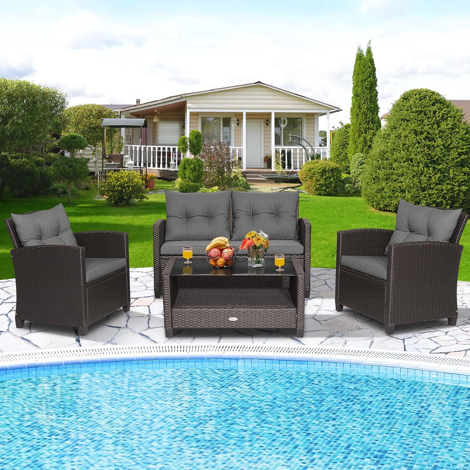 Tangkula 4-Piece Outdoor Rattan Furniture Set, PE Rattan Wicker Sectional Sofa with Loveseat Chair & Glass Table, Patio Cushioned Conversation Sets for Backyard Porch Garden Poolside (1, Gray)