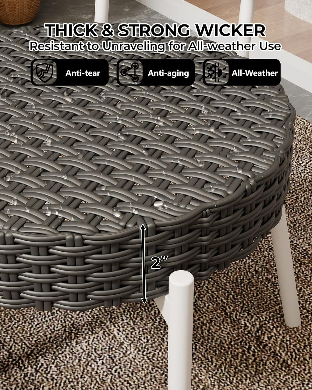 GarveeLife 3 Piece Wicker Patio Bistro Furniture Set, Outdoor Dining Chairs, Includes 2 Rattan Chairs and Tempered Glass Table, for Garden, Backyard, Balcony, Apartment, White & Grey