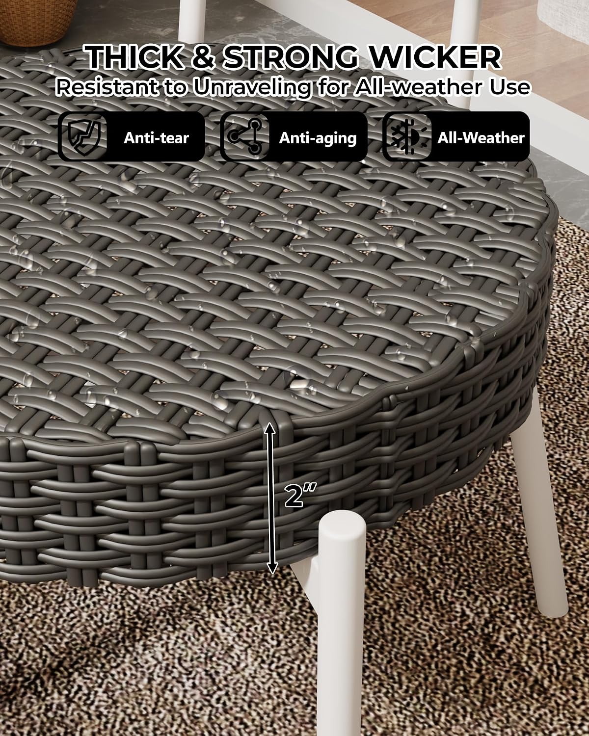 GarveeLife 3 Piece Wicker Patio Bistro Furniture Set, Outdoor Dining Chairs, Includes 2 Rattan Chairs and Tempered Glass Table, for Garden, Backyard, Balcony, Apartment, White & Grey
