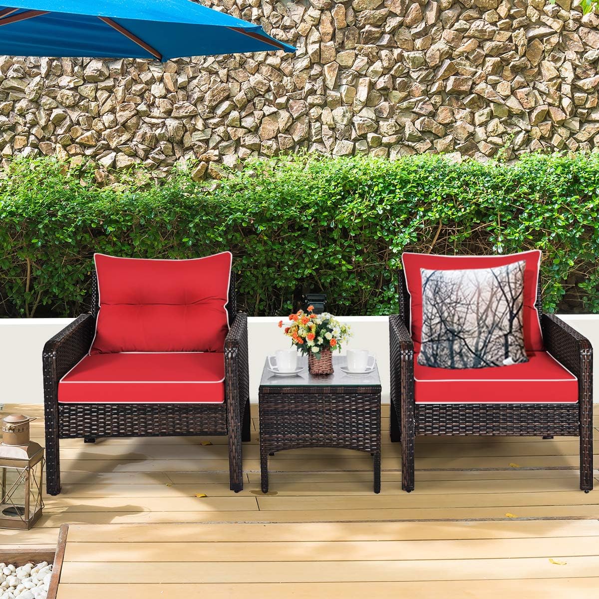 HAPPYGRILL 3 Pieces Patio Furniture Set Outdoor Rattan Wicker Coffee Table & Chairs Set with Seat Cushions Patio Conversation Set for Garden Balcony Backyard Poolside