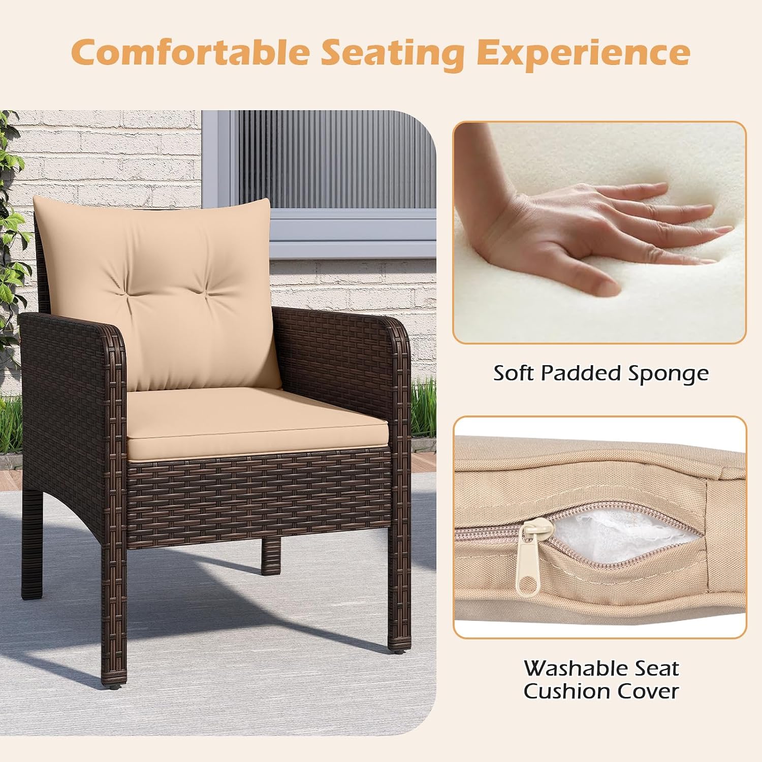 Tangkula 3 Pieces Patio PE Wicker Furniture Set, Outdoor Bistro Conversation Set with Cushions and Tempered Glass Coffee Table, Outside Rattan Table and Chairs for Porch (Beige)