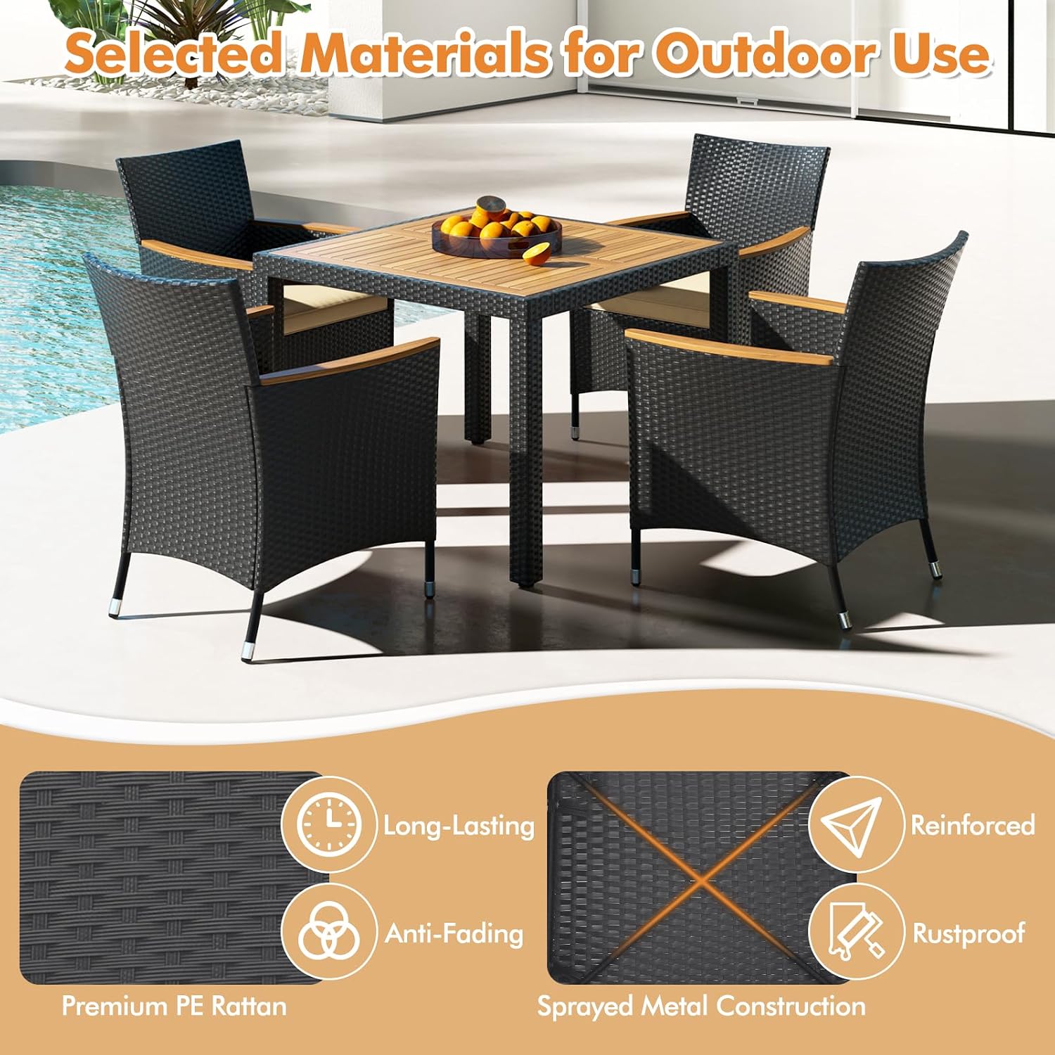 COSTWAY 5-Piece Patio Dining Set for 4, Outdoor Rattan Wicker Table and Chairs Furniture Set with Umbrella Hole, Acacia Wood Tabletop for Backyard, Balcony, Poolside, Black & Beige