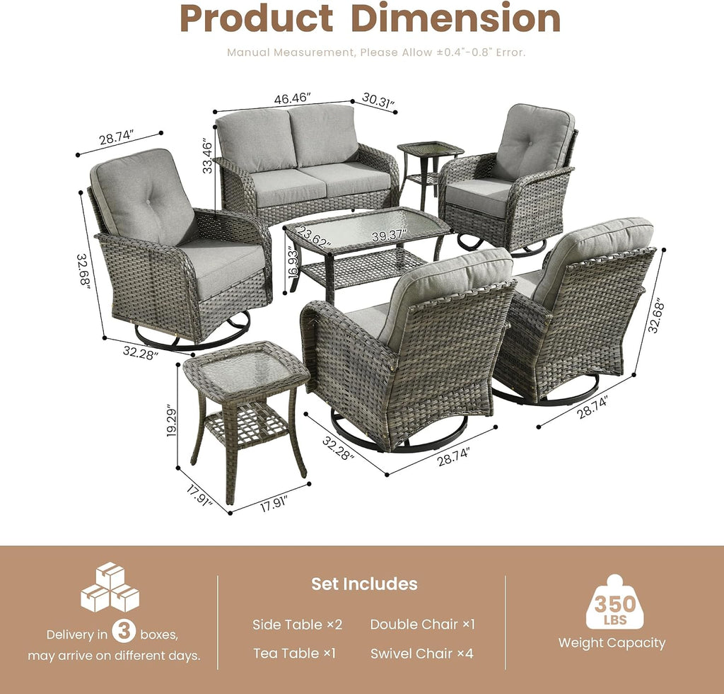 Weaxty 8 Pieces Outdoor Patio Furniture Sets with Swivel Rocking Patio Chairs and Loveseat Sofa,Coffee Table,All Weather Wicker Conversation Set for Deck Backyard Porch Poolside, Dark Gray