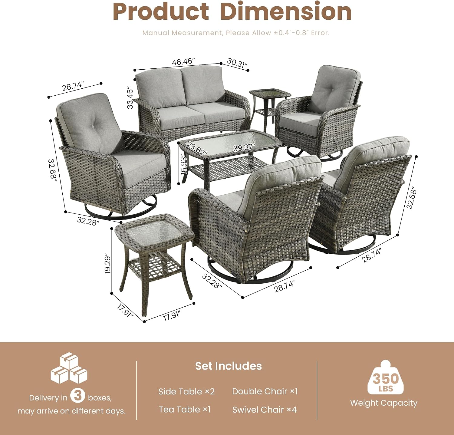 Weaxty 8 Pieces Outdoor Patio Furniture Sets with Swivel Rocking Patio Chairs and Loveseat Sofa,Coffee Table,All Weather Wicker Conversation Set for Deck Backyard Porch Poolside, Dark Gray