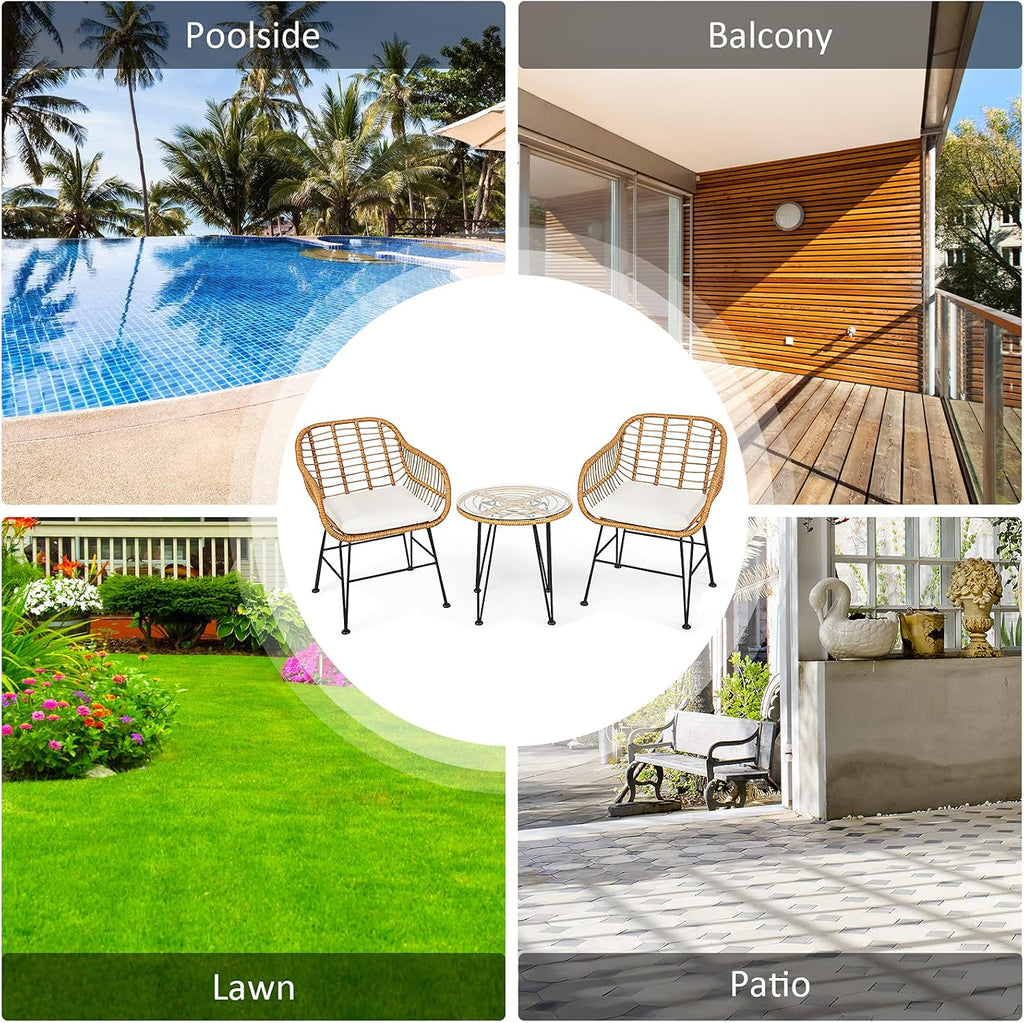 Tangkula 3 Pieces Patio Bistro Set, Rattan Conversation Set with 2 Cushioned Armchairs & Round Glass Coffee Table, Indoor Outdoor Wicker Furniture Set for Balcony, Backyard, Garden, Poolside