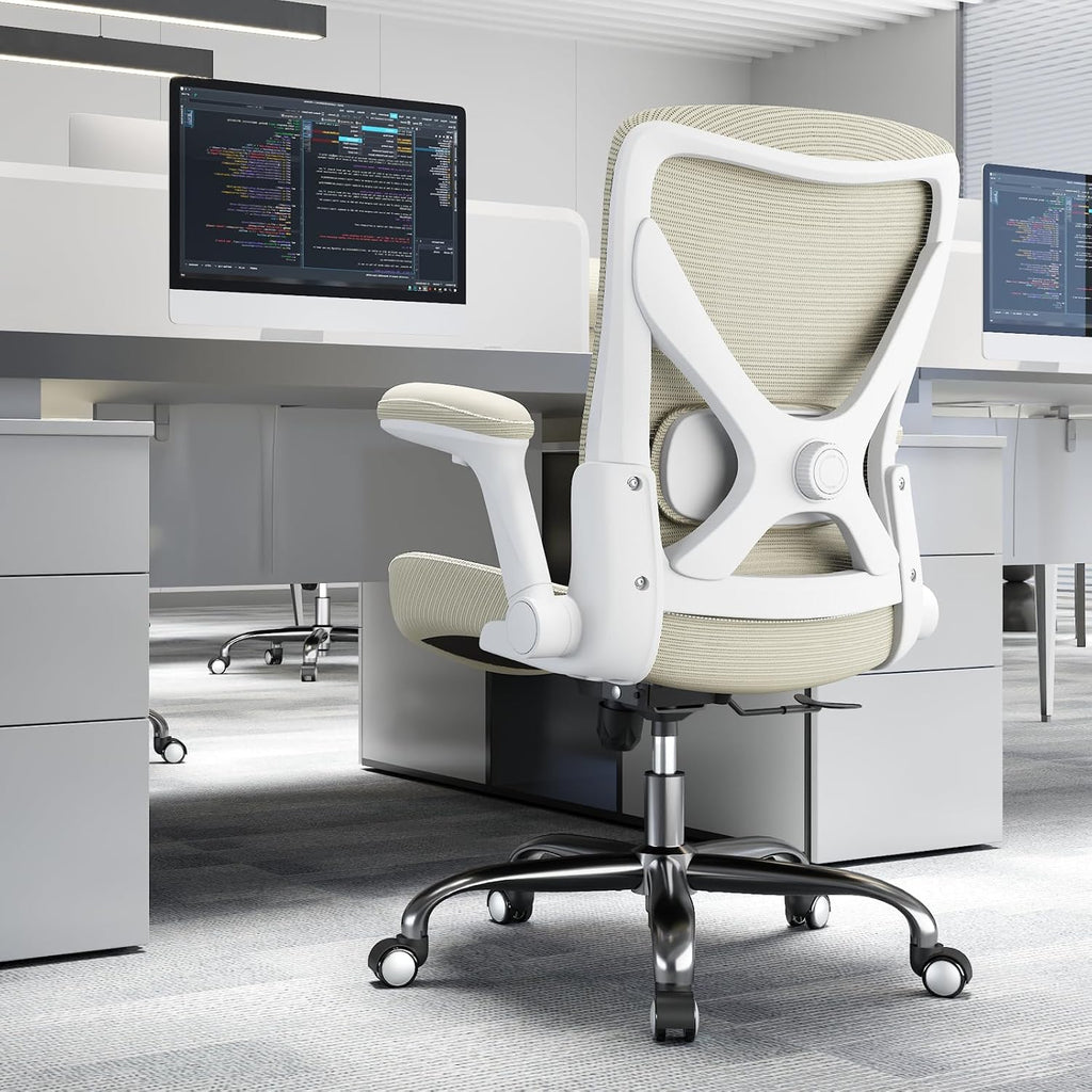 Ergalithic Office Home Ergonomic Desk Chair-Computer X-Shaped Chair Mesh PU Leather with Adjustable Lumbar Support-Executive Chair High Back Flip-Up Arms for Long Hours (Beige-No Headrest)