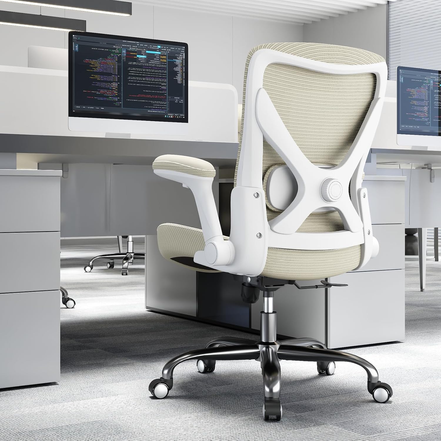 Ergalithic Office Home Ergonomic Desk Chair-Computer X-Shaped Chair Mesh PU Leather with Adjustable Lumbar Support-Executive Chair High Back Flip-Up Arms for Long Hours (Beige-No Headrest)