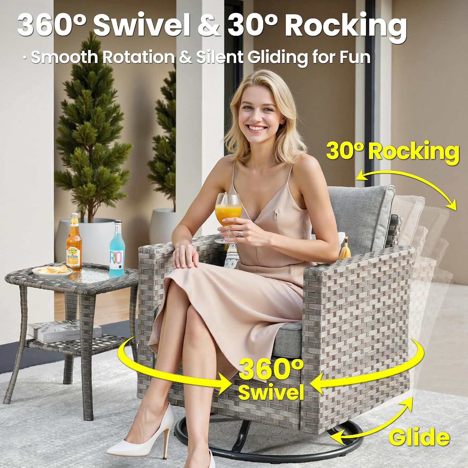 ovios 9 Pieces Patio Furniture Set, Outdoor Wicker Sectional Sofa with 30' Fire Pit Table Swivel Chair, Modern Modular Deep Seat Rattan Couch Conversation Sets, Dark Grey