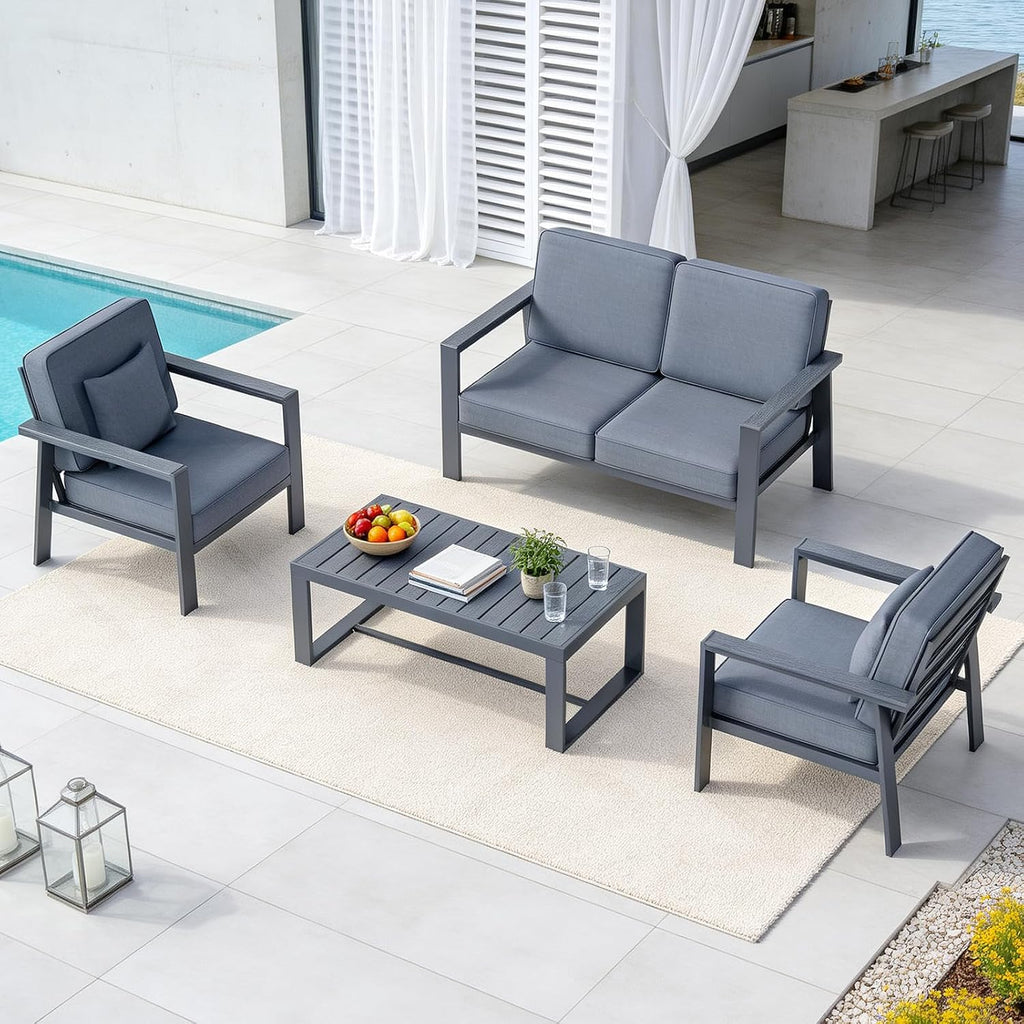 Premium Aluminum Patio Furniture Set 4 Piece,Outdoor Conversation Set with Wide Armrest,5' Thick Cushions, Olefin Fabric,Rustproof Metal Frame,Deep Seating Patio Sofa Set for Backyard,Deck,villa,Gray