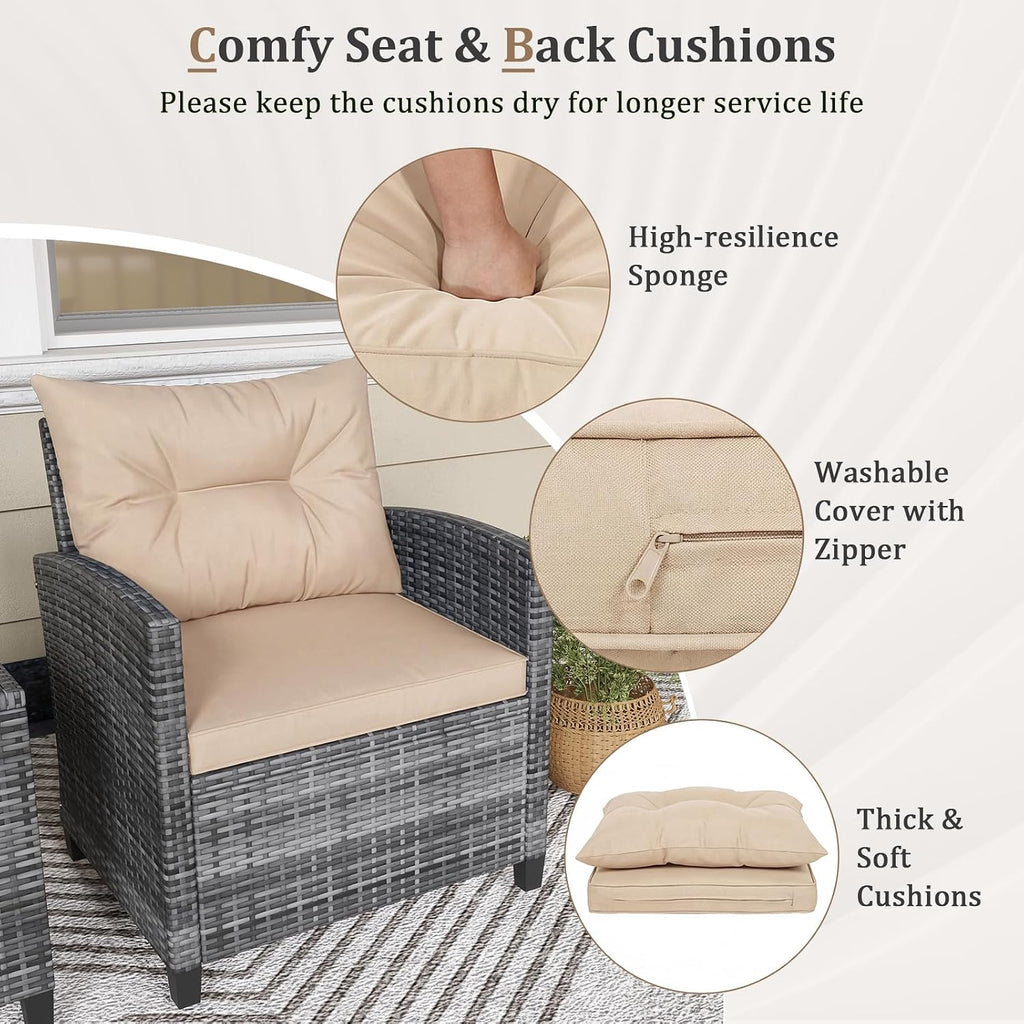 KOTEK 3 Piece Patio Furniture Set, Outdoor PE Rattan Conversation Set with Washable Cushions & Tempered Glass Tabletop, Wicker Chairs and Table Set for Porch, Garden, Balcony (Beige)