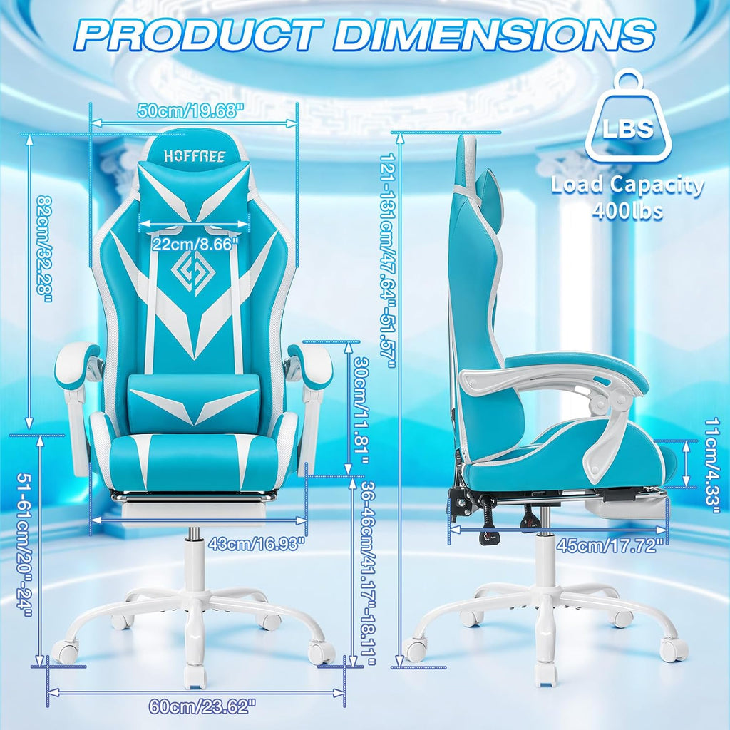 HOFFREE Gaming Chair with LED RGB Lights Massage Ergonomic Video Game Chairs with Footrest High Back Reclining Computer Chair with Adjustable Lumbar Support Blue and White