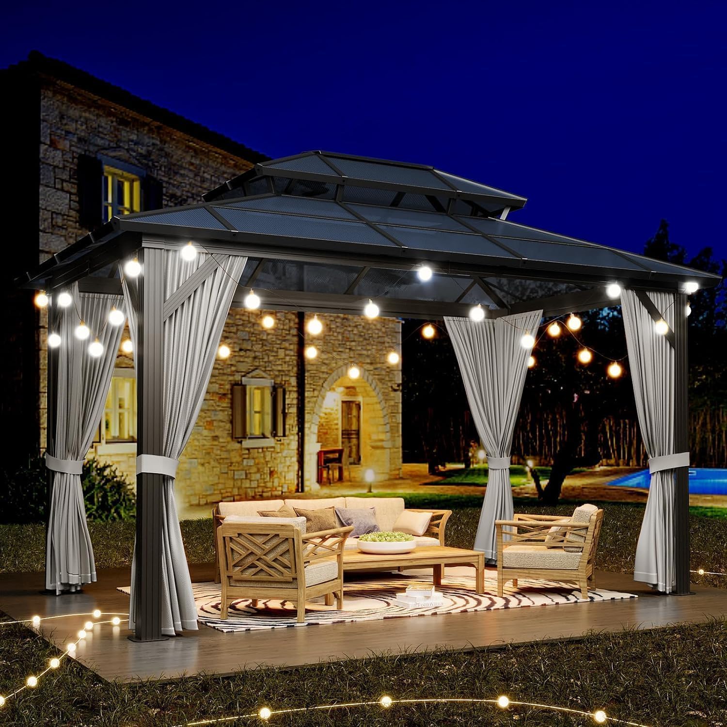 GAOMON 10'x13' Hardtop Gazebo, Outdoor Polycarbonate Double Roof Canopy, Aluminum Frame Permanent Pavilion with Curtains and Netting, Sunshade for Garden, Patio, Lawns, Gray