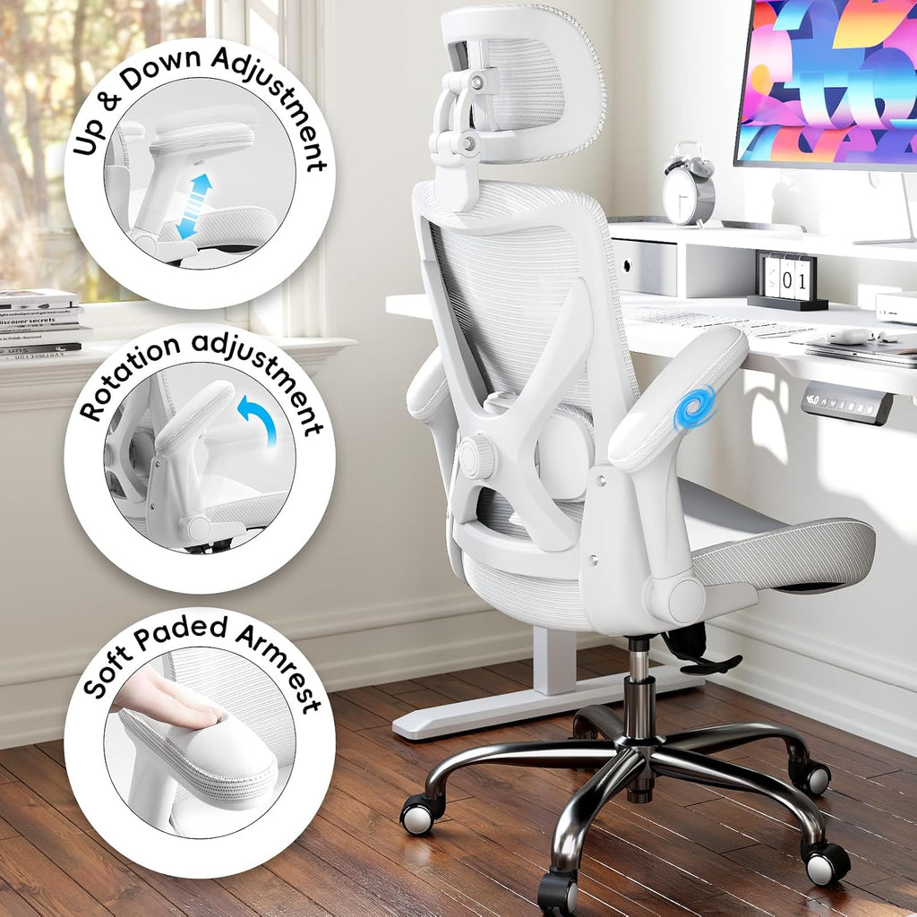 Ergalithic Office Home Ergonomic Desk Chair-Computer X-Shaped Chair Mesh PU Leather with Adjustable Lumbar Support-Executive Chair High Back with Headrest Flip-Up Arms for Long Hours (White)