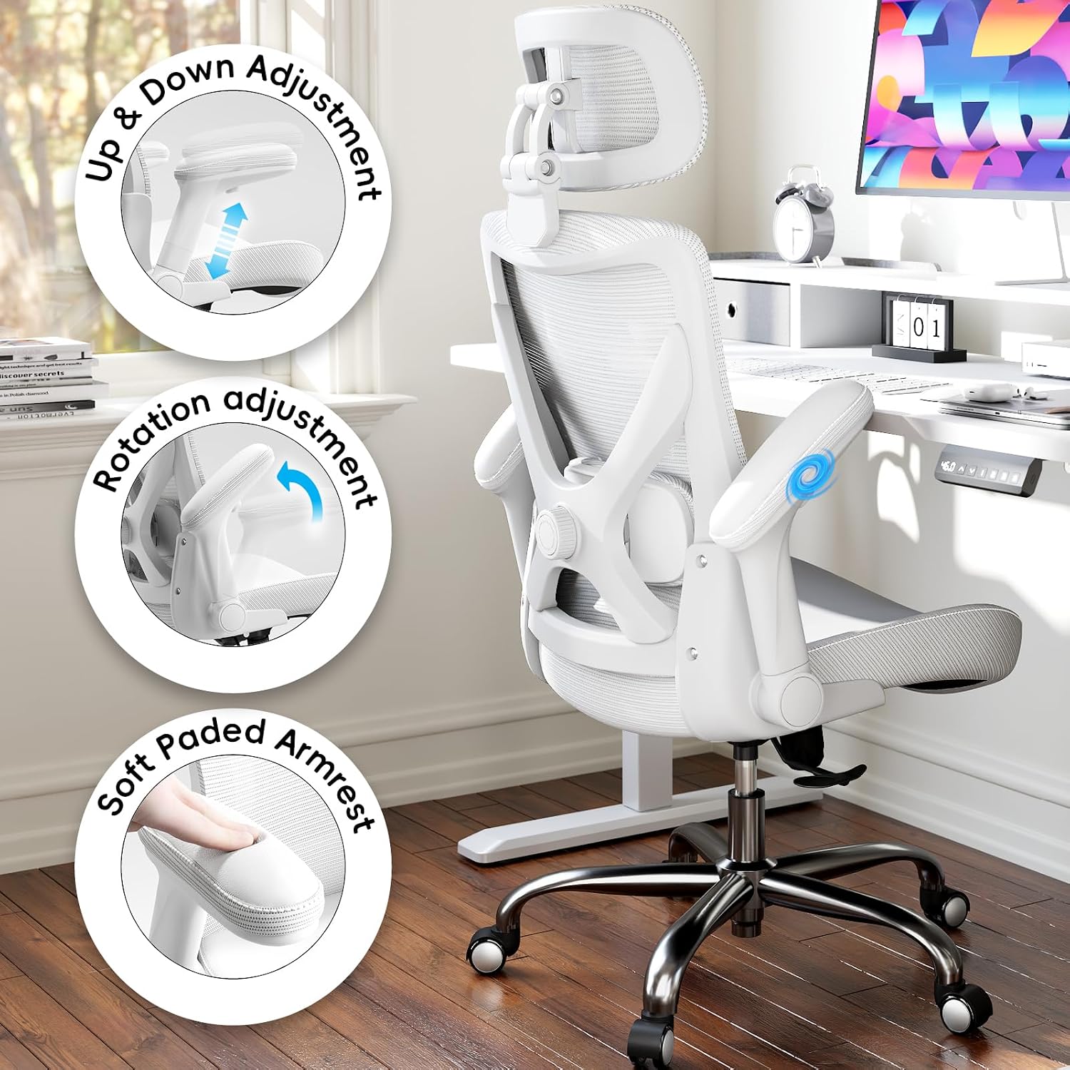 Ergalithic Office Home Ergonomic Desk Chair-Computer X-Shaped Chair Mesh PU Leather with Adjustable Lumbar Support-Executive Chair High Back with Headrest Flip-Up Arms for Long Hours (White)