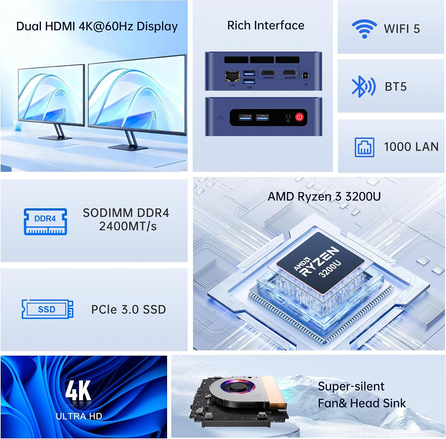 Beelink SER3 Mini PC AMD Ryzen 3 3200U (up to 3.5GHz), 16GB DDR4 2400MT/s 500GB PCIE3.0 SSD Mini Computer, Radeon Vega 3 Graphics,1000Mbps LAN, Dual HDMI 4K Display Home-Office PC