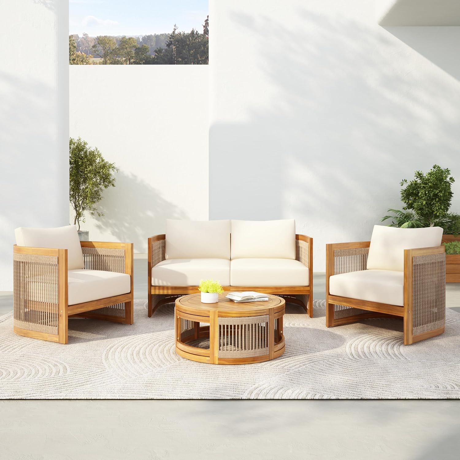 Acacia Wood Patio Multi-Person Sofa Set with Round Coffee Table and Woven Rope Accents, All-Weather Conversation Set Outdoor Seating Group for Garden Backyard Poolside Balcony (Teak+Beige)