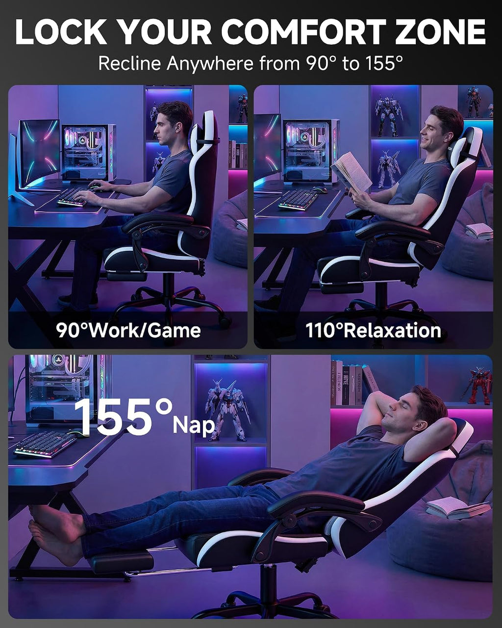 GTPLAYER Gaming Chair, Ergonomic Game Computer Chairs with Foot Rest for Adults, Adjustable PC Game Chair with Reclining Function and Comfortable Headrest for Home and Office Use (White)