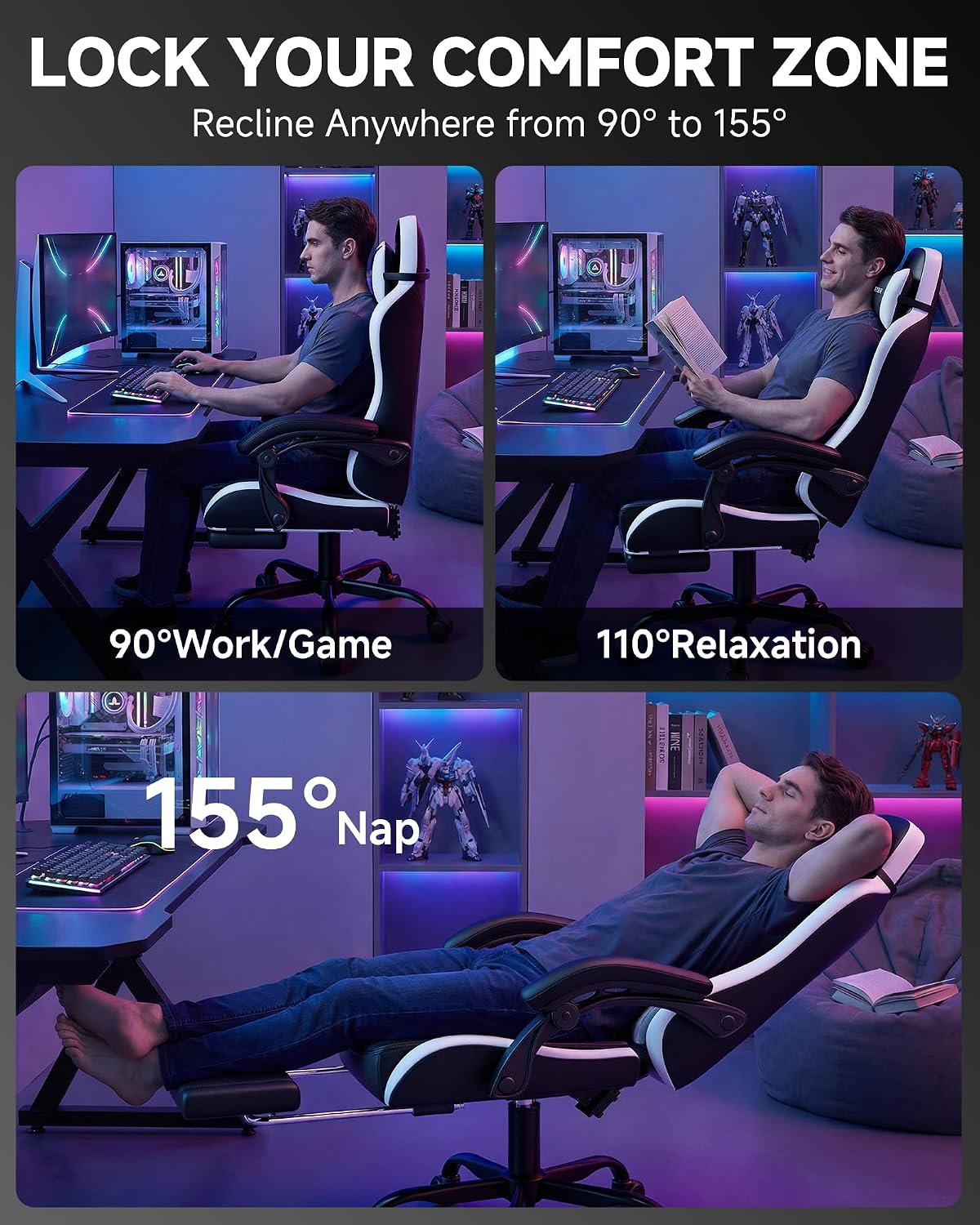 GTPLAYER Gaming Chair, Ergonomic Game Computer Chairs with Foot Rest for Adults, Adjustable PC Game Chair with Reclining Function and Comfortable Headrest for Home and Office Use (White)