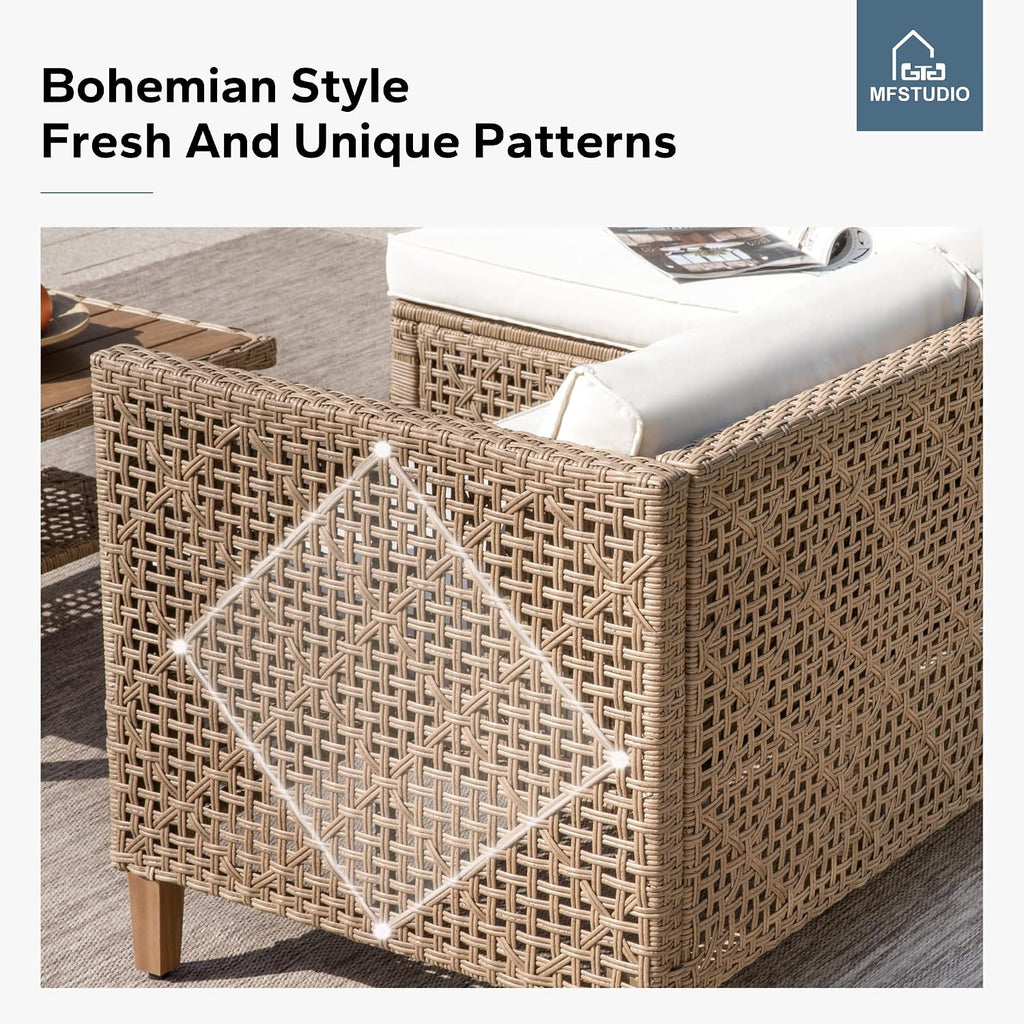 MFSTUDIO Wicker Patio Furniture Set, Rattan Outdoor Couch Sectional Sofa, 5 Pieces Patio Conversation Set with Acacia Wood Coffee Table, Outdoor Rattan Furniture Set for Garden or Balcony, Beige