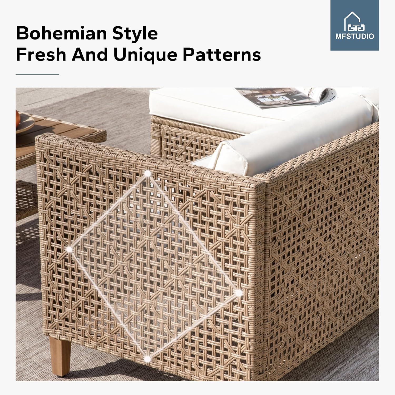 MFSTUDIO Wicker Patio Furniture Set, Rattan Outdoor Couch Sectional Sofa, 5 Pieces Patio Conversation Set with Acacia Wood Coffee Table, Outdoor Rattan Furniture Set for Garden or Balcony, Beige