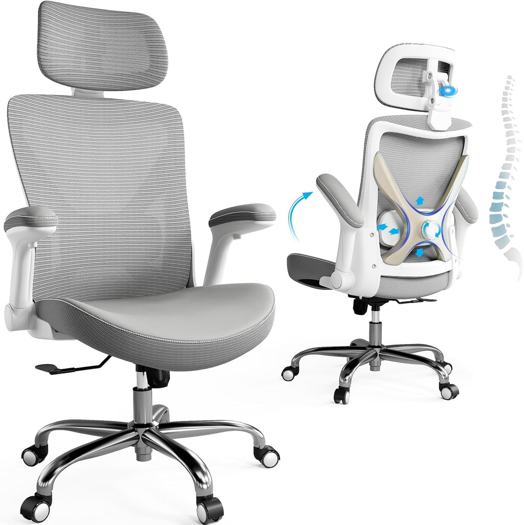 Ergalithic Office Home Ergonomic Desk Chair-Computer X-Shaped Chair Mesh PU Leather with Adjustable Lumbar Support-Executive Chair High Back with Headrest Flip-Up Arms for Long Hours (Grey)