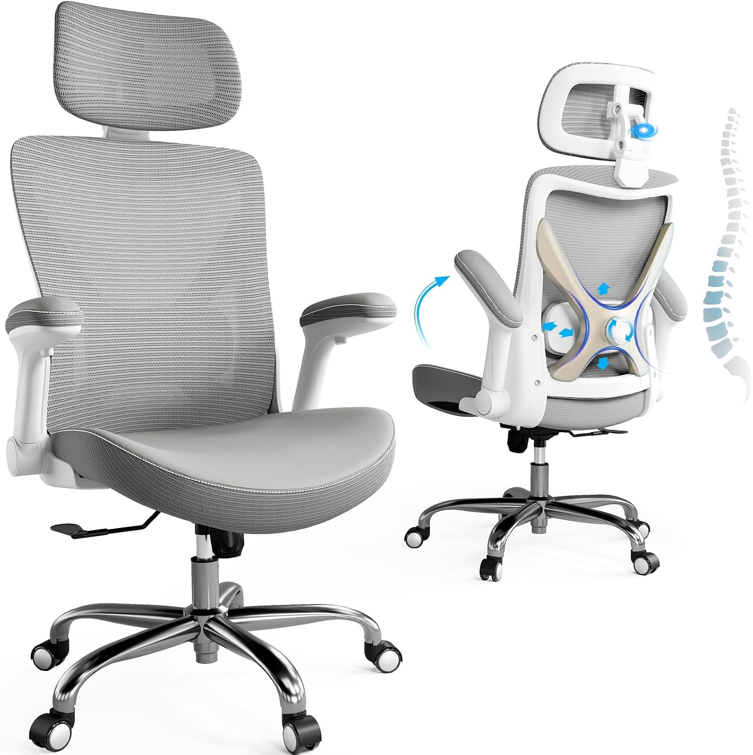 Ergalithic Office Home Ergonomic Desk Chair-Computer X-Shaped Chair Mesh PU Leather with Adjustable Lumbar Support-Executive Chair High Back with Headrest Flip-Up Arms for Long Hours (Grey)