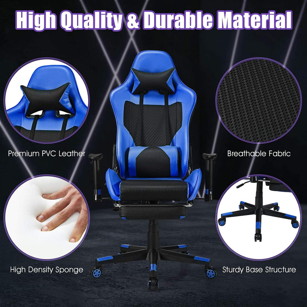 Giantex Massage Gaming Chair, Ergonomic Video Game Chair with Footrest, High Back E-Sport Computer Chair with Headrest & Massager Lumbar Support, PU Leather Gaming Seat (Blue)