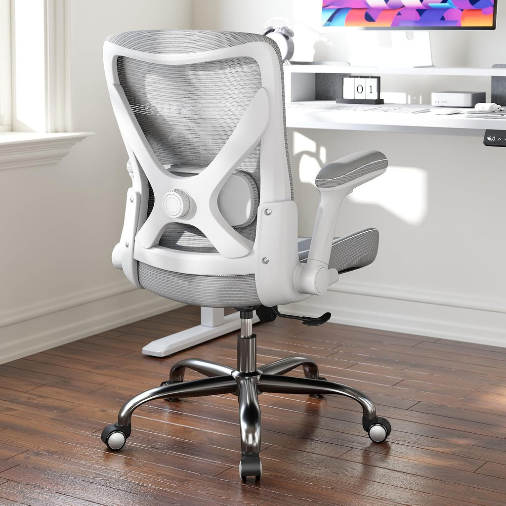 Ergalithic Office Home Ergonomic Desk Chair-Computer X-Shaped Chair Mesh PU Leather with Adjustable Lumbar Support-Executive Chair High Back Flip-Up Arms for Long Hours (White-Grey-No Headrest)
