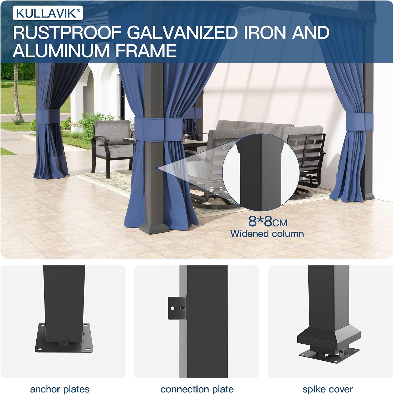 Kullavik 10' × 12' Hardtop Gazebo for Patio,Wall-Mounted Lean to Gazebo Pergola with Sloping Roof and Durable Aluminum Frame,Large Heavy Duty Awnings for Decks,Backyard,Navy Blue