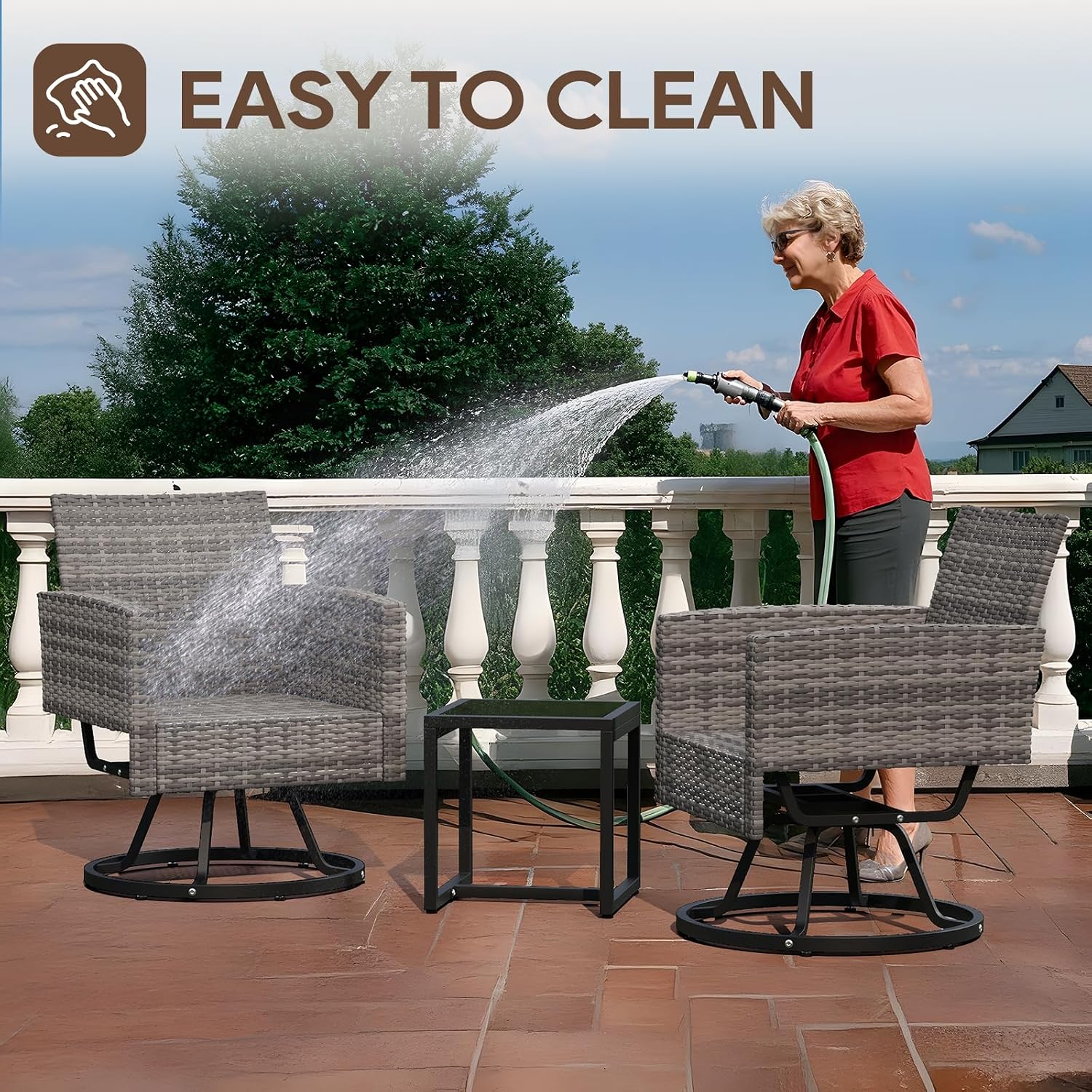 Outdoor Swivel Chair Set of 2, 3 Pcs Rattan Patio Furniture Set, Patio Bistro Set with Side Table for Porch Garden Lawn Balcony Backyard (Gray & Beige)