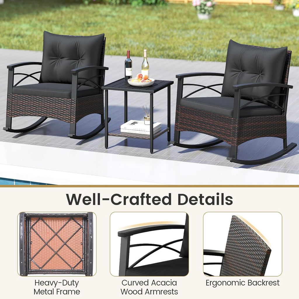 Tangkula 3 Piece Rattan Rocking Chair Set, Patio Rocker Bistro Set with Acacia Wood Tabletop & Armrests, 2 Outdoor Cushioned Armchairs w/Double-Tier Side Table for Porch, Balcony, Backyard
